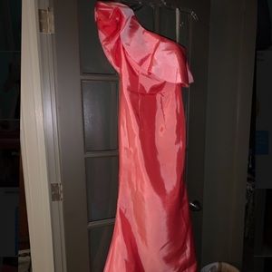 glossy coral formal gown
